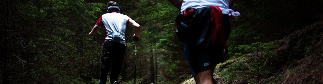 Due trekker su un impervio sentiero di montagna
                                circondato da boschi di abeti.