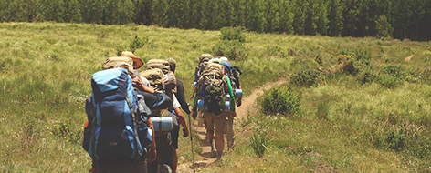 Escursionisti che passeggiano nella brughiera, circondati da prati e papaveri rossi.