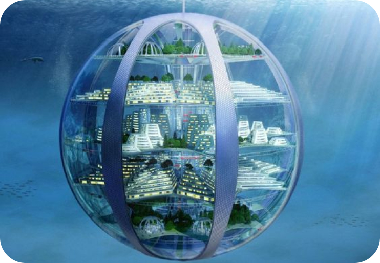 città sottomarina in una bolla di vetro