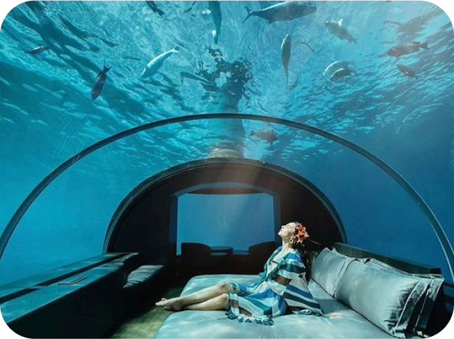ragazza distesa a letto che guarda i pesci in una cupola sotto al mare
