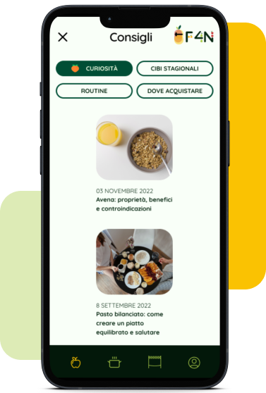 Schermata dell'applicazione con i consigli alimentari